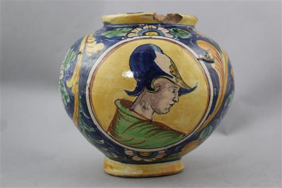 An Italian maiolica globular jar, Caltagirone, 18th / 19th century, 18.5cm., damages